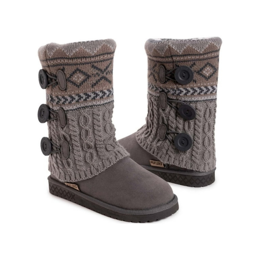 Muk Luks Women's Grey Cheryl Faux Fur Lined Side Button Pattern Knit Boots